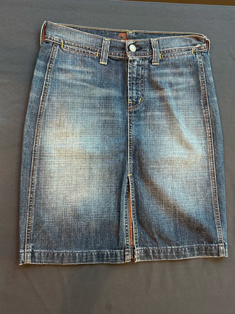 Vintage 7 for all mankind Denim Skirt front slit Size 26 - distressed blue jean